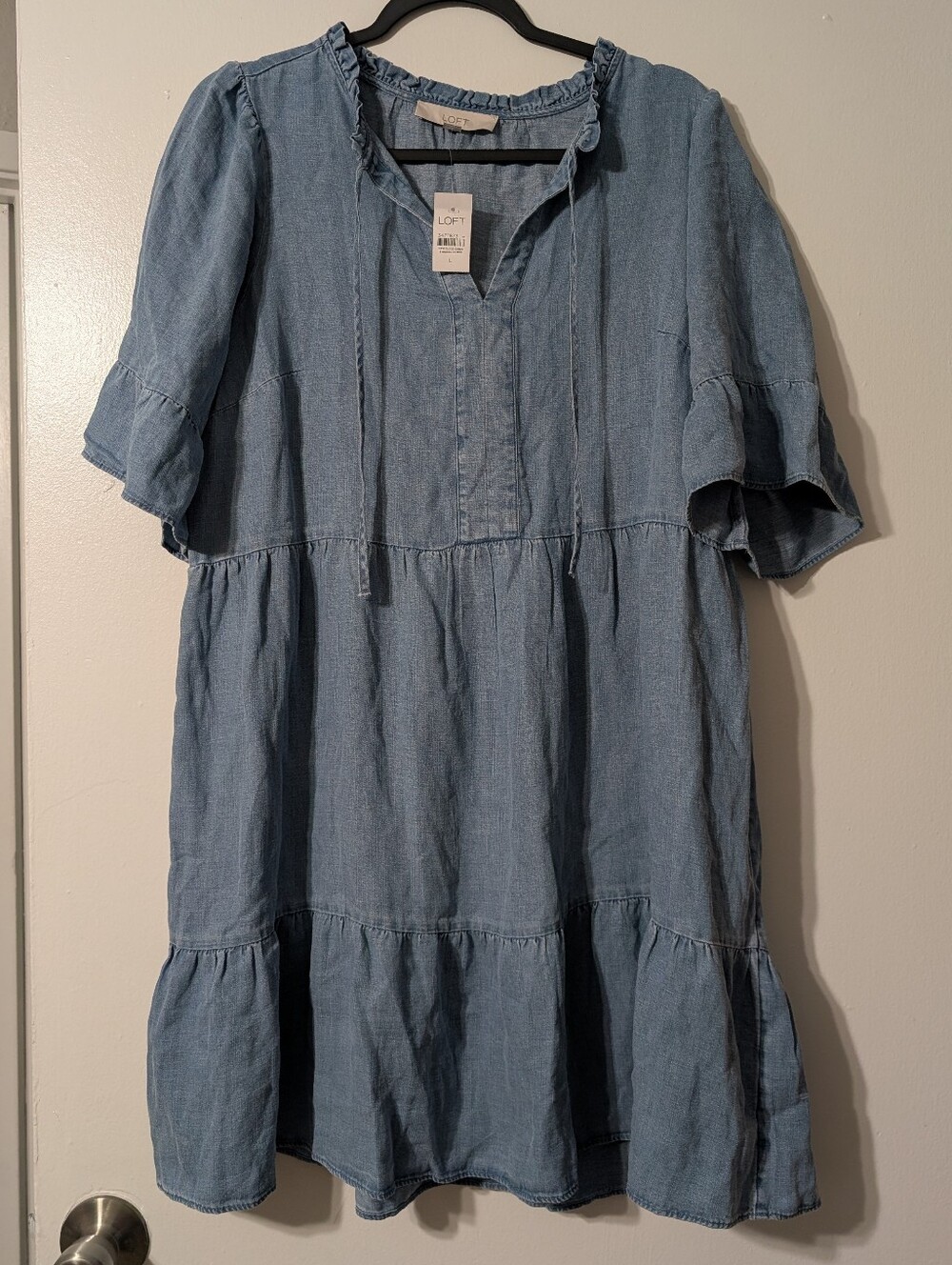 LOFT Chambray Tiered Mini Dress in Light Blue